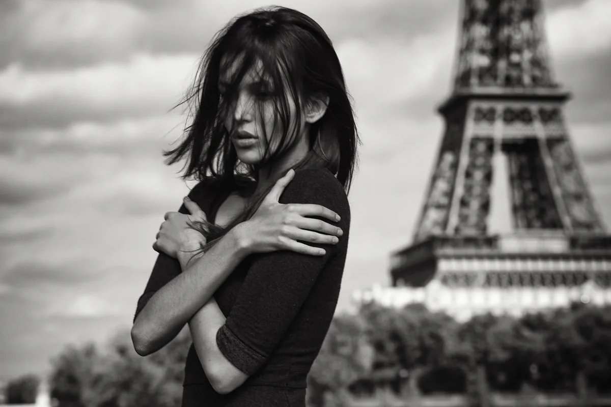 A fashion figure photographed on location in Paris.